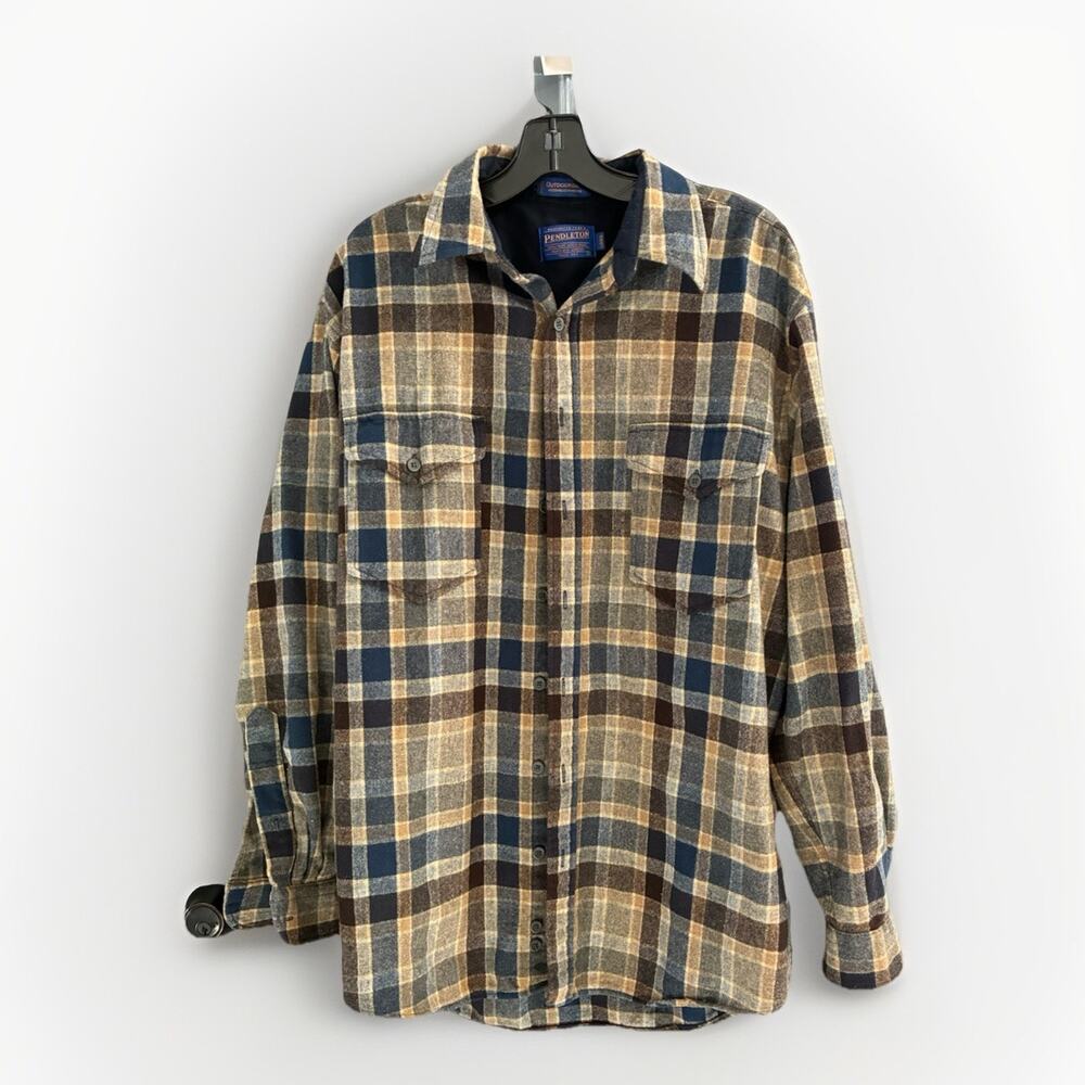 Pendleton Board Shirt Mens Size Lg Long Brown Blue Plaid Wool Vintage 50s *read
